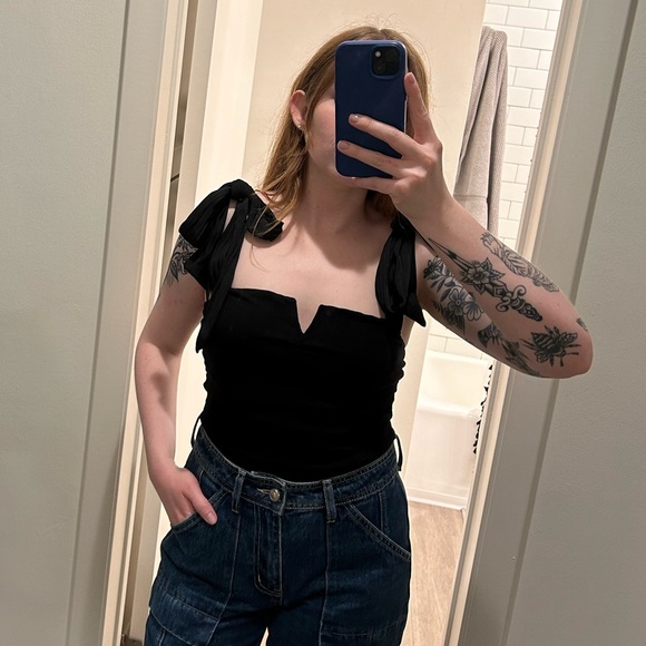 Free people black adjustable tie straps bodysuit size small - Picture 1 of 4